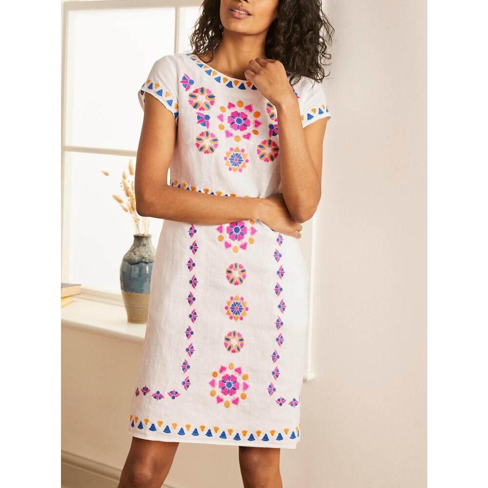 Boden White Dress with Pink and Blue Accents